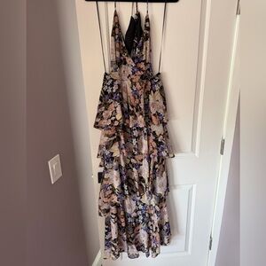 Astr Floral Tiered Maxi Dress in Black with Purple and Pink Flowers